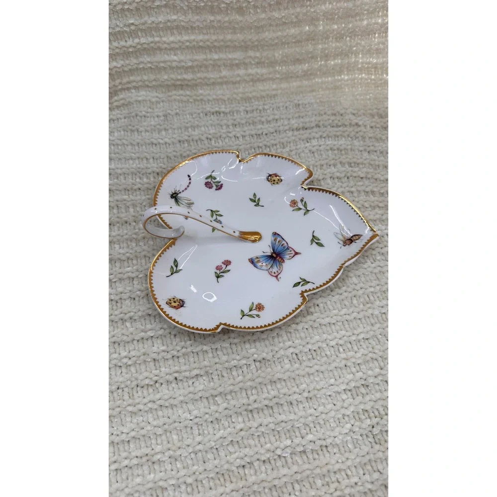 I Godinger & Co Leaf Dish Butterfly Porcelain Trinket‎ Dish Candy Tray Gold Trim